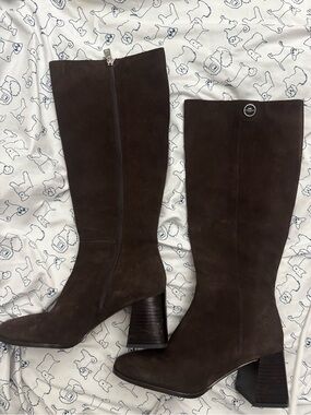 Authentic Coach Dark Brown Suede Mid-Calf Block Heel Boots